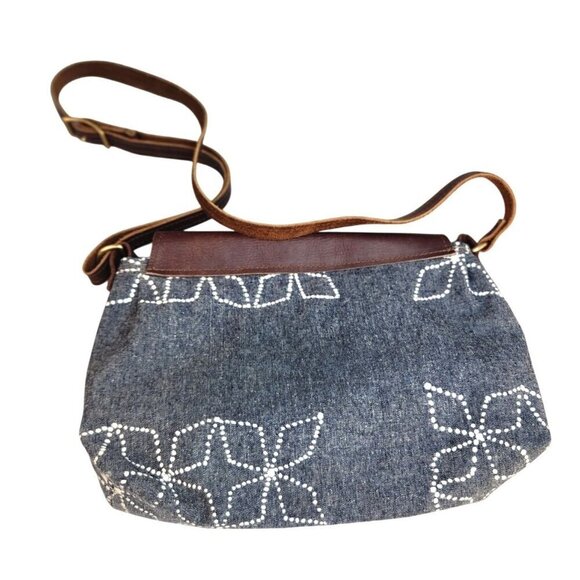Handcrafted Crossbody Denim & Leather Shoulder Bag With Floral Faux Embroidery P - Picture 2 of 10